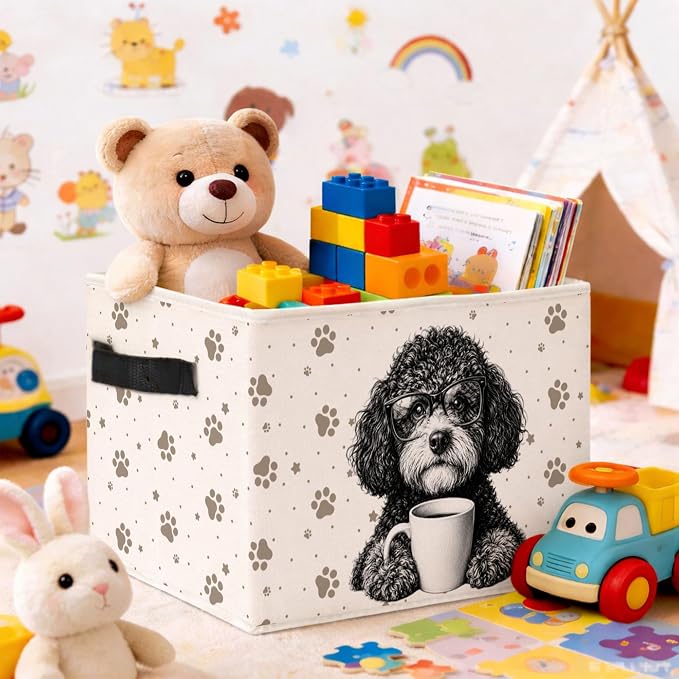 Poodle Coffee Storage Bin, Foldable Fabric Organizer Basket | Cute poodle coffee storage bin with glasses dog artwork, paw print pattern, foldable design and side handles.