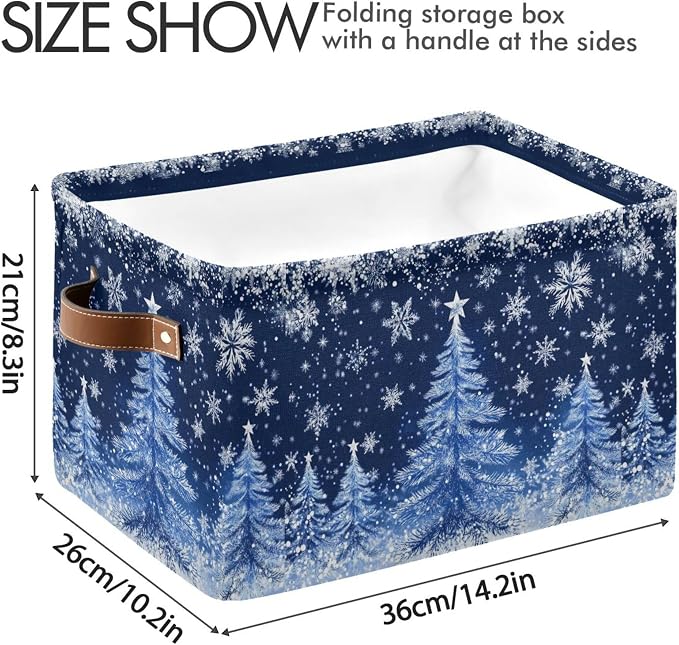 Blue Christmas Tree Storage Basket with Waterproof Liner and PU Handles Sliver Winter Snowflake Xmas Storage Boxes 14.2" Collapsible Decorative Organizer Baskets for Bedroom Closet Office 2 Pack