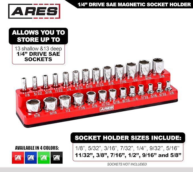 ARES 70232 26-Pc 1/4-In SAE Magnetic Socket Organizer | Part No. 70232; 13 Standard Size and 13 Deep Size Socket Holder; Keeps Your Tool Box Organized