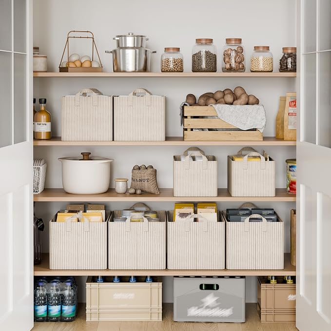StorageWorks Closet Storage Bins, Khaki and Beige Stripes, 45L, 2-Pack | Extra Large, with Reinforced Handles, Metal Frame, Collapsible, Basket for Shelves, Closet, Holds Clothes, Towels, Blankets