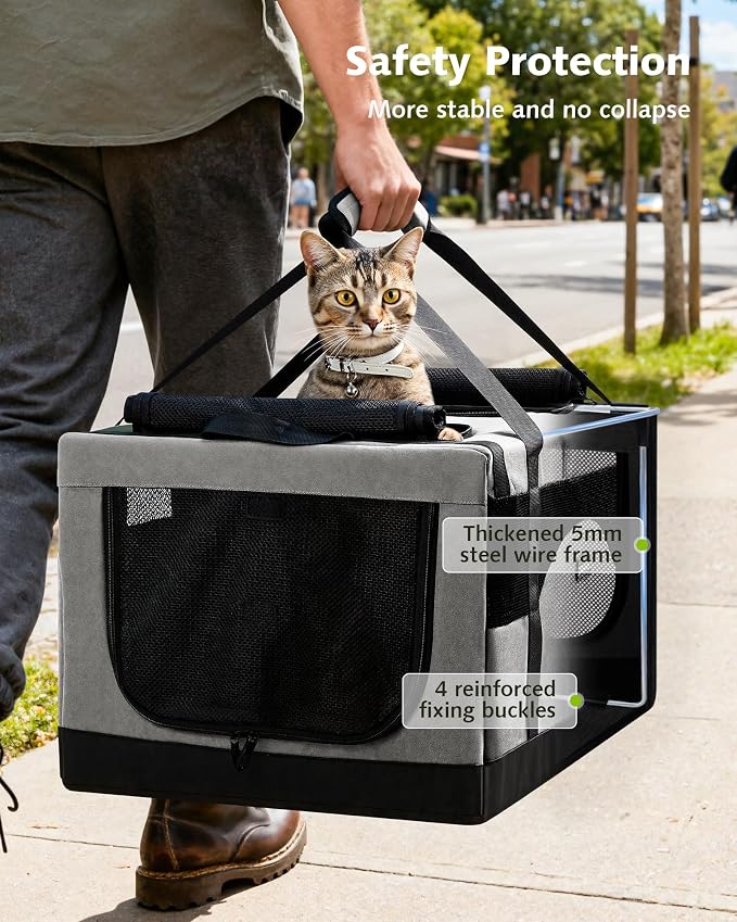 Pecute Large Cat Carrier, Soft Double Pet Crate for 2 Cats Travel, Gray | Anti-Collapse Steel Frame, Convertible Dual Space, Foldable, Polyester Breathable mesh, Up to 26 lbs, Car Travel & Vet Visits