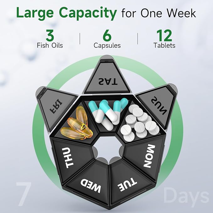 Weekly Pill Organizer, 2 Pack Portable Travel Pill Box, 7 Day Pill Case | Easy Open, BPA-Free, Arthritis Friendly Medicine Pill Container, Medicine Case for Vitamins,Supplements Medications, Black