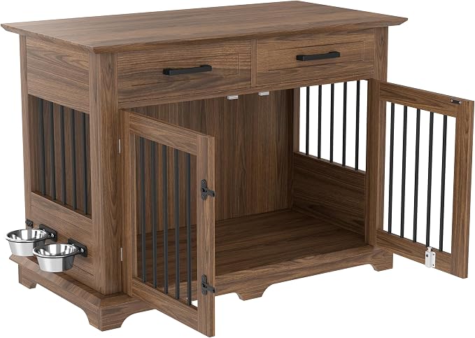 44.48" Large Dog Crate, 3-in-1 Wooden Dogs Crate End Table TV Stand Furniture with 2 Storage Drawers and Rotating Bowls, Decorative Pet House Dog Crates for Small/Medium Dogs, Brown