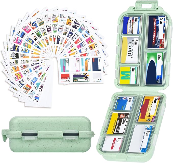 Green Foldable Pill Organizer with 189 Labels - Travel Medicine Kit (1 Pack)