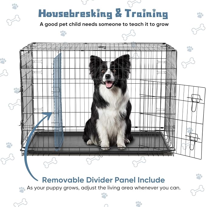 DUMOS 48 Inch Dog Crate, Foldable Medium Large Dog Cage Pet Kennel | Double Door Metal Wire, Plastic Leak-Proof Pan Tray, Portable Indoor Outdoor Training Travel