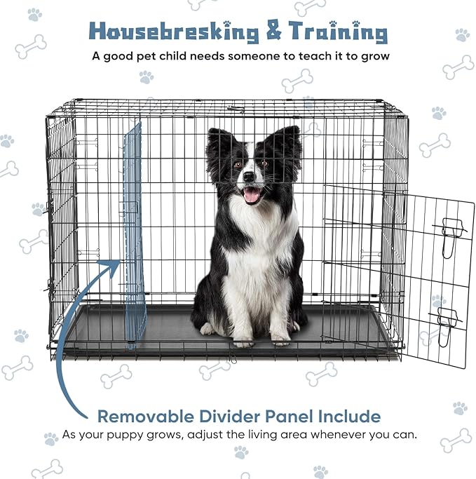 DUMOS 42 Inch Dog Crate, Medium Large Foldable Dog Cage Pet Kennel | Double Door Metal Wire, Plastic Leak-Proof Pan Tray, Portable Indoor Outdoor Training Travel