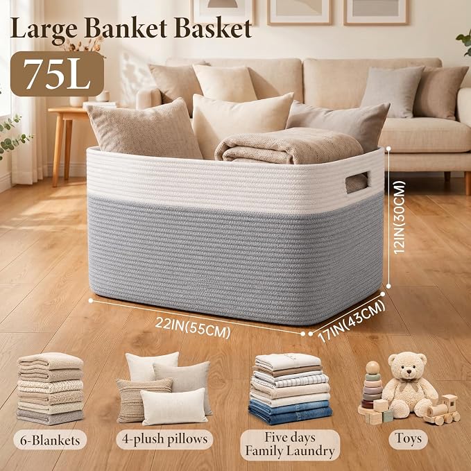 75L Large Cotton Rope Basket, Soft Toy Storage Bin for Nursery & Living Room, Decorative Blanket Basket for Bedroom, Baby-Safe Organizer for Pillows &Laundry, 22''×17''×12'', Grey and White