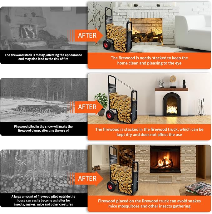 Doublehorse Firewood Cart 27x20x44 in Steel Pneumatic Wheels Gray | Heavy Duty Metal Waterproof Portable Storage Rack for Outdoor Camping Backyard Fireplace Indoor Use
