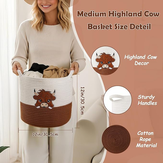 Highland Cow Cute Basket for Nursery, Woven Cotton Rope Storage Basket for Kids, Baby Blanket Organizer with Handles, Storage Basket for Blanket Towel Toys Clothes, Highland Cow Decor, Medium