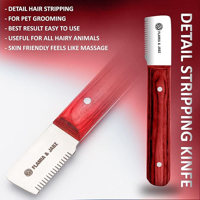 FLAMIA & JABZ FJ Professional Stripping Knife kit (6 pieces set) for Dogs & Pets, Wooden Handle Grip with Stainless Steel Blade (Right handed) (Coral Red)
