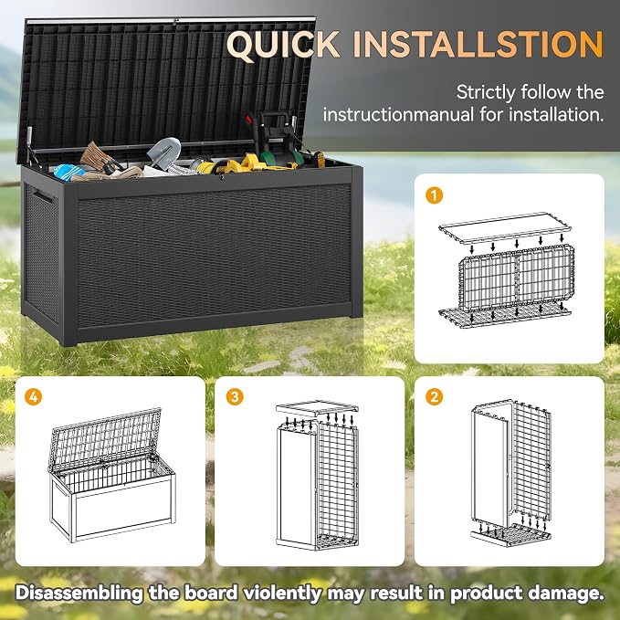 330 Gallon Outdoor Storage Box, Resin Large Deck Box Outdoor Waterproof Storage Bench with Lockable Lid for Patio Cushions, Garden Tools, Package Delivery, Pool Supplies, Black