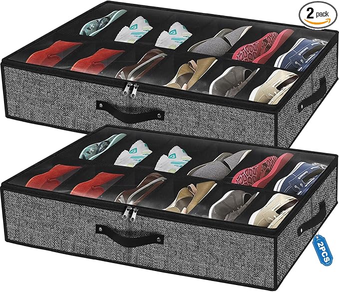 Under Bed Shoe Storage Organizer for Closet Fits 24 Pairs-Sturdy Underbed Shoe Storage Box Bins,Set of 2 (Linen-like Black)