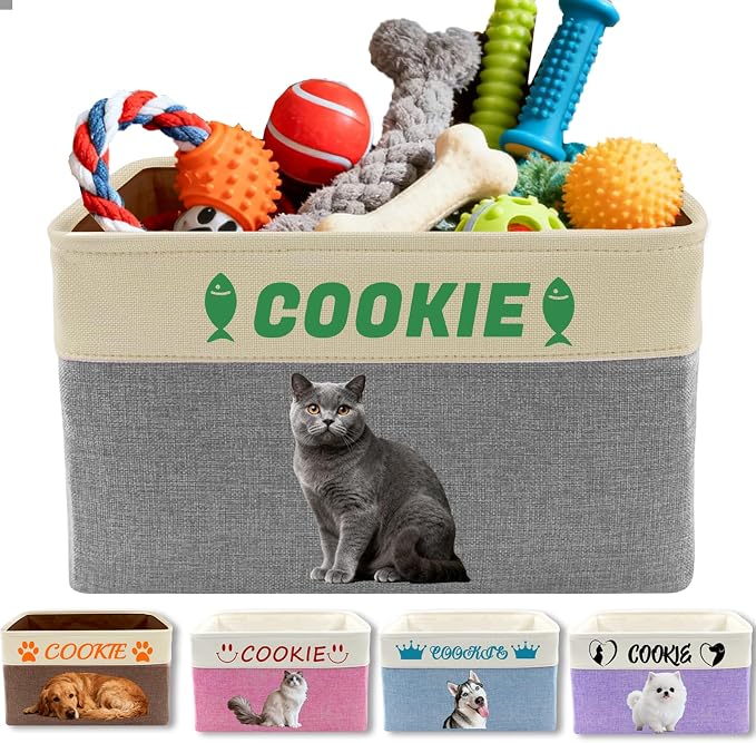Personalized Pet Toy Basket Custom Dog Toy Storage Organizer with Handles Customized Dog Basket Box with Name Photo Icon for Dogs Cats - Grey