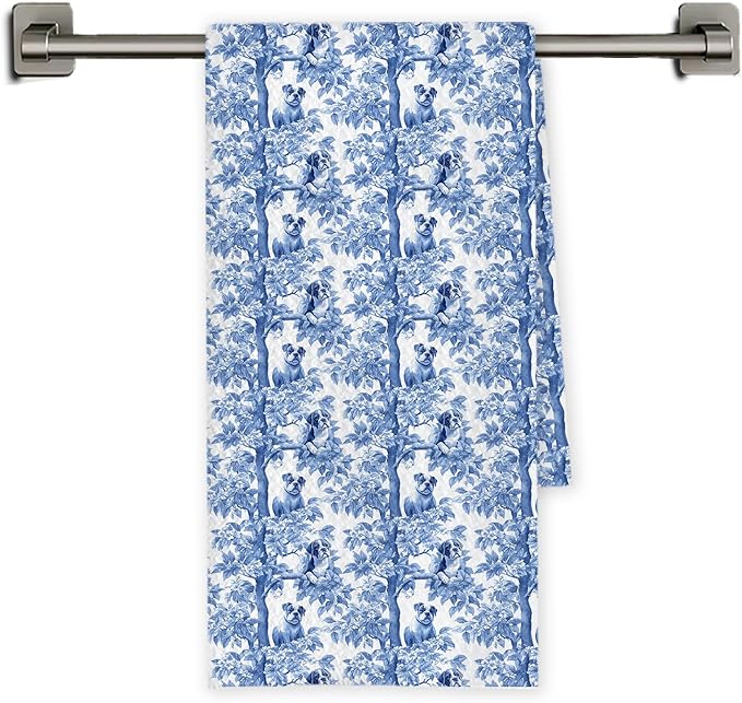 Chicimln Chinoiserie Pitbull Dog Kitchen Towels, Gifts for Pitbull Lovers Decorative Hand Towels for Bathroom, Blue and White Dog Dish Tea Towel Drying Cloth for Kitchen Decor, 16x24 Inch