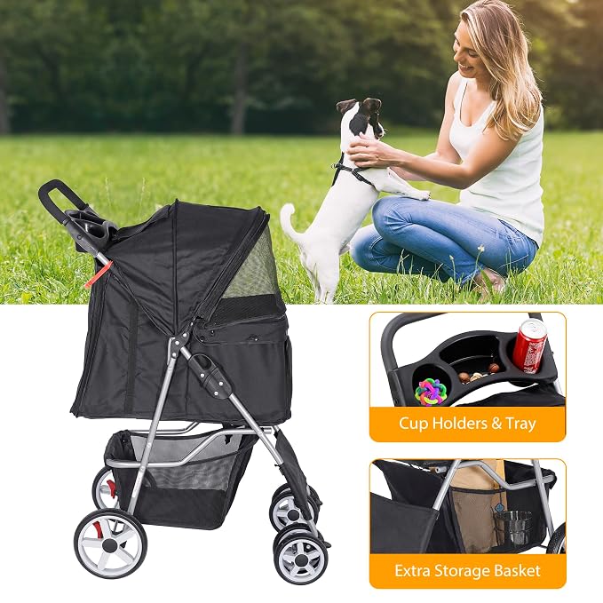 Pet Stroller for Dogs, Black 4 Wheels Cat Strolling Cart Foldable Travel Carrier, Waterproof Puppy Jogger Stroller with Storage Basket & Cup Holder