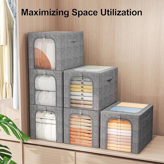 GoMaihe Clothes Storage Bins with Metal Frame for Closet, 40L 4-Pack Grey | Sweaters Hoodies Jeans T-Shirt, Closet Top Shelf Organizer, Steel Frame Collapse-Proof, Stackable, Clear Window, Dual Access
