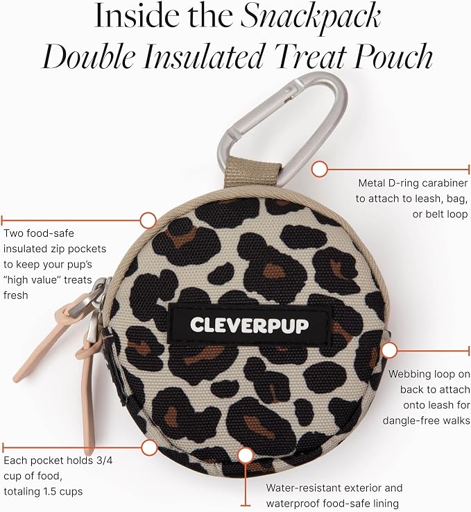 Cleverpup Snackpack Double Insulated Dog Treat Pouch – 1.5 Cup, 2 Pockets – Leopard