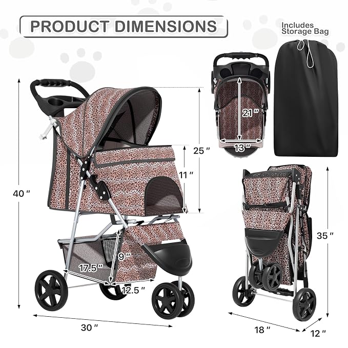 MoNiBloom Pet Stroller for Small/Medium Dogs and Cats, Leopard Print | Foldable Dog Stroller 3 Wheels Pet Strolling Cart w/ Storage Basket Cup Holder, Breathable and Visible Mesh for All-Season