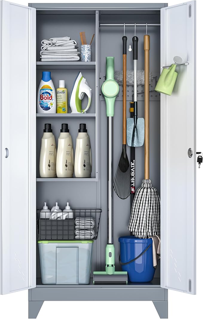 61" Broom Storage Cabinet, Cleaning Tool Storage Cabinet, Garage Utility Storage, Metal Broom Closet for Home, Garage, Utility Room (Gray White, Door-2)