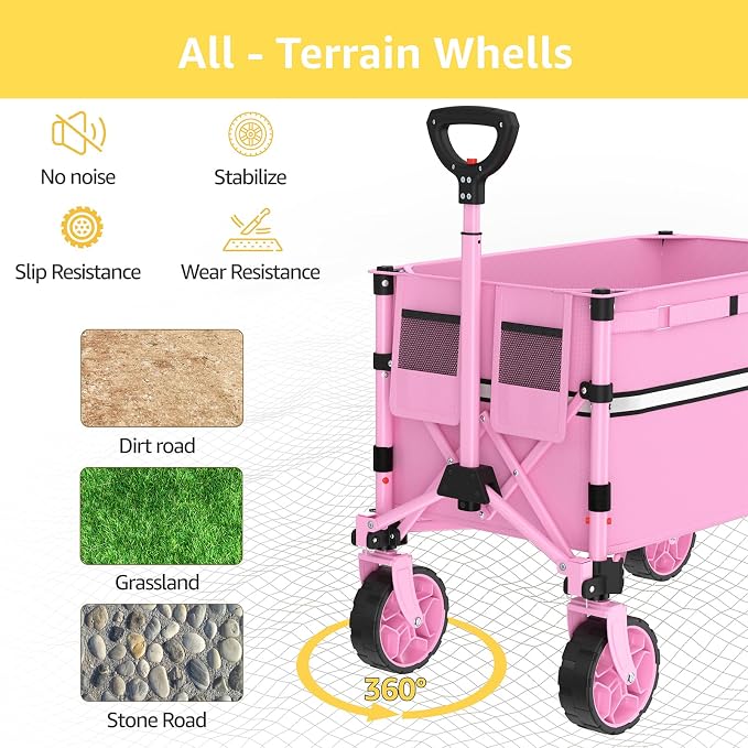 ROSONG Collapsible Wagon Cart with Wheels Foldable - Folding Utility Heavy Duty Wagons Carts for Grocery Sports Garden Shopping Camping Wheelbarrows (Pink, 120L)