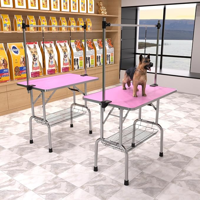 36" Pet Dog Grooming Table, Foldable Stainless Steel Frame Pet Drying Grooming Table Up to 330lbs, Professional Bathing Desk for Dogs at Home with Adjustable Overhead Arms, Noose, Mesh Tray, Pink