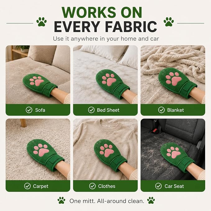Paw Shape Pet Hair Remover Glove & Fur Storage Bag Set for Cats and Dogs (Green), Washable Pet Hair Remover, Soft Lint Cleaning Glove for Sofa Carpet Bed Clothes