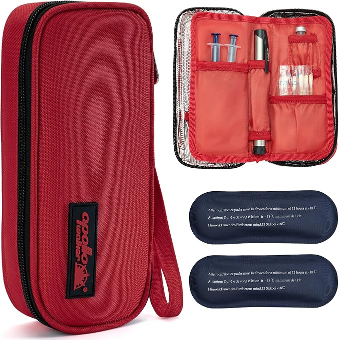 apollo walker Insulin Cooler Travel Case with Ice Packs and Insulation | TSA Approved Includes 2 x 90g ice packs for 9-hour cooling insulin pens & syringes for Diabetics to Carry (Red)