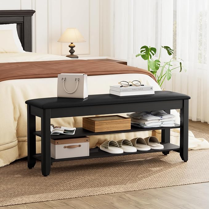 Homleke 39.4" Wide Solid Wood Shoe Rack Bench with Flip-Top Storage | 2-Tier Entryway Bench with Cushion, Adjustable Shelf, Holds Up to 10 Pairs, for Hallway, Bedroom and Closet, Black