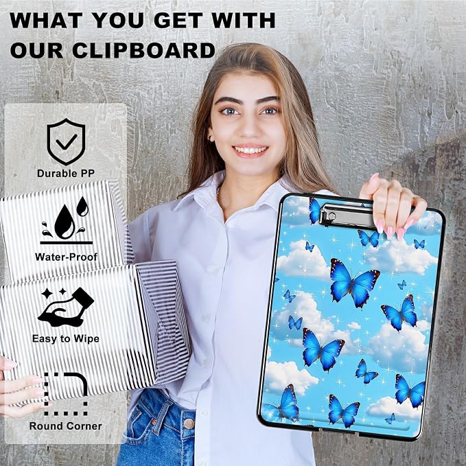 Heavy Duty Storage Clipboard, Slim Nursing Clipboard with Internal Pen Case, Portable File Organizer Case for A4 Letter Size Paper Office Medical Professionals, Blue Butterfly White Cloud