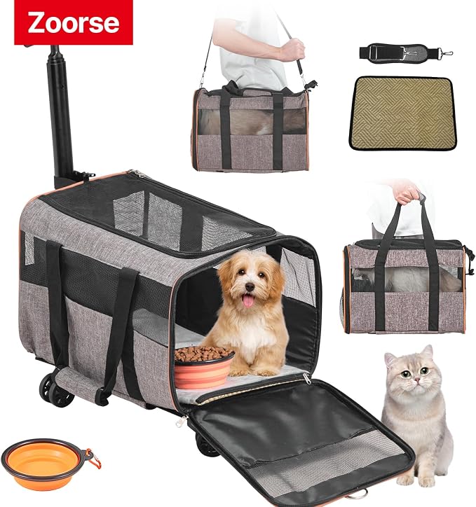 Happybuy Cat Carrier with Wheels, Airline Approved Rolling Pet Carrier with Telescopic Handle and Shoulder Strap, Holds Pets up to 22 lbs, Includes Folding Bowl, Grey