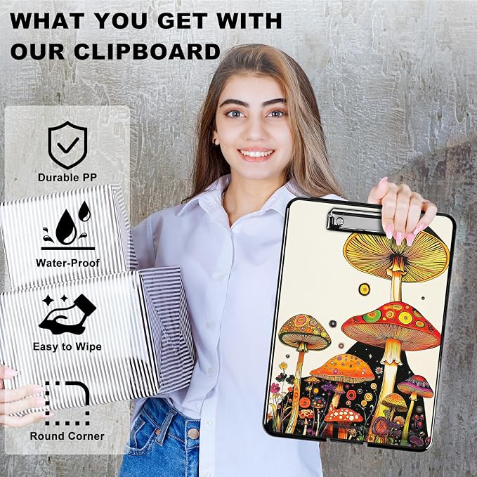 Heavy Duty Storage Clipboard, Slim Nursing Clipboard with Internal Pen Case, Portable File Organizer Case for A4 Letter Size Paper Office Medical Professionals, Mushroom Painting