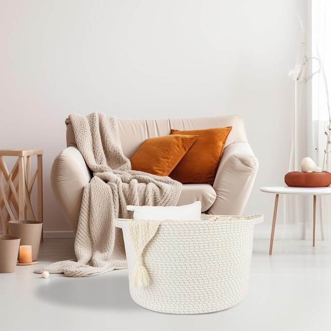 XUANGUO Extra Large Cotton Rope Round Storage Basket 22" x 14" White | Woven basket for blankets, toys, towels, laundry, nursery, living room and pet toy storage.