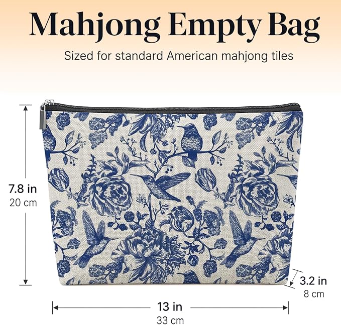 Blue and White Chinoiserie Empty Mahjong Tile Bag 13x7.8 Inch | Floral Bird Printed Portable Travel Case Organizer Zipper Pouch for American Mahjong Tiles Game Night Accessories and Gifts