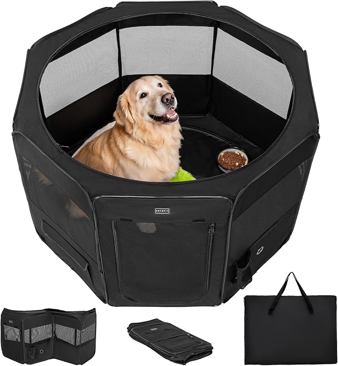 PETSFIT Portable Dog Playpen 45", Removable Waterproof Mat, Zippered Roof | Jump-proof, Collapsible Storage, RV Camping Travel, Indoor Outdoor Use, Large Dogs and Cats, 45.5"L x 45.5"W x 28.5"H