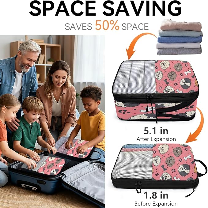 Cute Dog Compression Packing Cubes Dog Paw 6 Set Travel Packing Cubes for Suitcases Lightweight Expandable Organizers