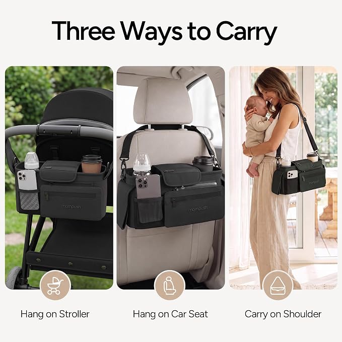 Mompush Universal Stroller Organizer Caddy with Insulated Cup Holder | Large storage capacity, multiple pockets, detachable zippered pouch, secure Velcro straps, universal stroller fit