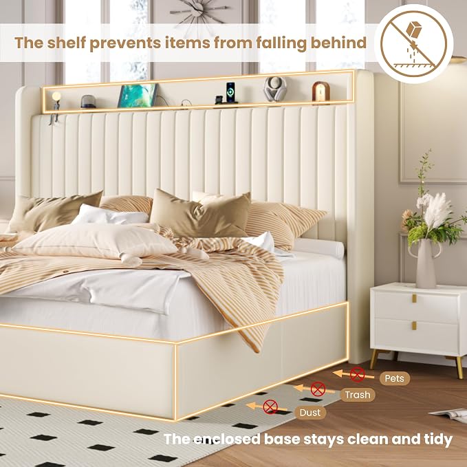 SHA CERLIN King Size Lift Up Storage Bed Frame, Charging Station, Cream | Storage Headboard with Charging Station, USB, Type-C Port Velvet Hydraulic Storage Bed No Box Spring Needed Noise Free