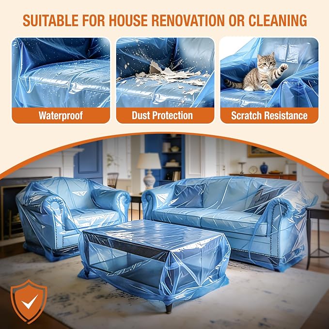 Extra Large Chair Moving Cover for Storage Transportation | Sofa Couch Clear Plastic Moving Cover with Labels, Waterproof and Dust Proof, Bag Open Size 65x 42 x 34 Inch, Blue