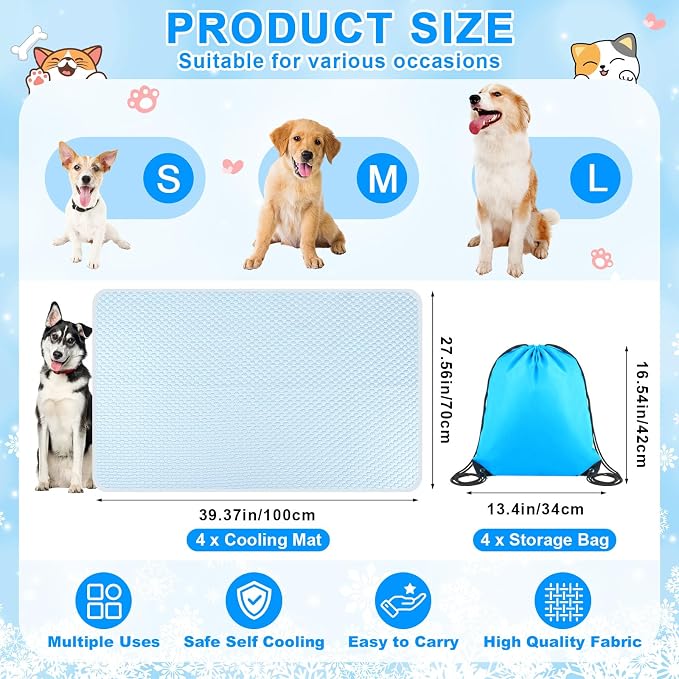 Fanfanwin 4 Pack Dog Self Cooling Mat 39x28 Inch, Washable Ice Silk Pet Sleeping Pad with Non-Slip Bottom & Storage Bags for Summer Indoor Crate Car, Outdoor Patio Hot Weather Resting