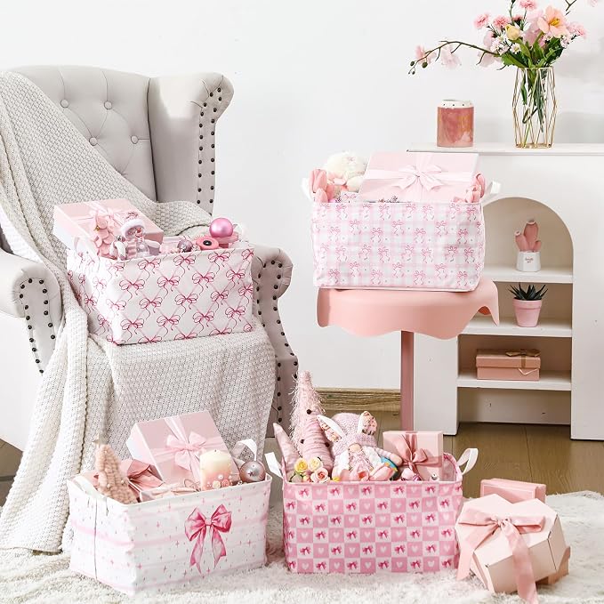 4pcs Christmas Storage Basket Fabric Laundry Baskets with Handle Xmas Foldable Organizer Boxes for Office Home Baby Cloth Toy Book 15 x 10 x 8 (Pink Bowknot)