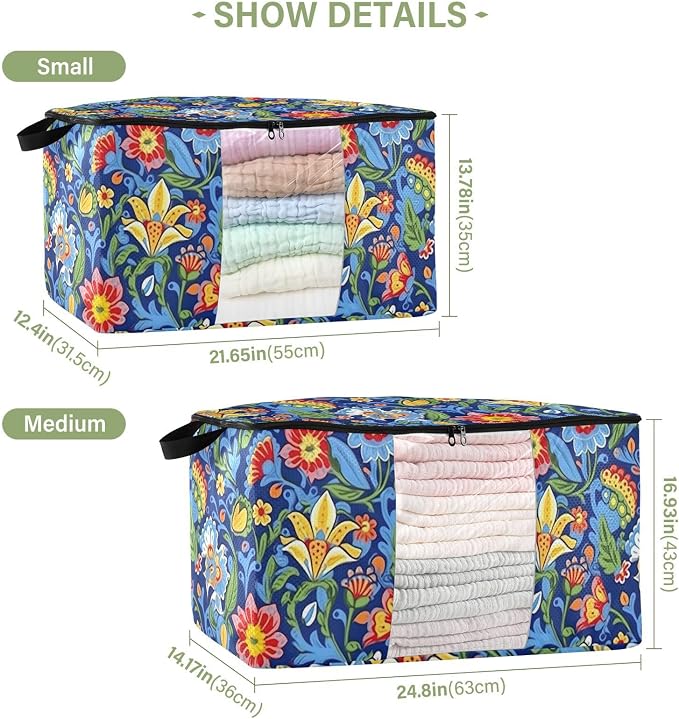 Generic Blue Boho Florals Clothes Storage Bag Bins 2 Pack Foldable Storage Containers Large Closet Organizer with Zipper Blanket Storage Bag for Comforters Clothing Bed Sheets 95L