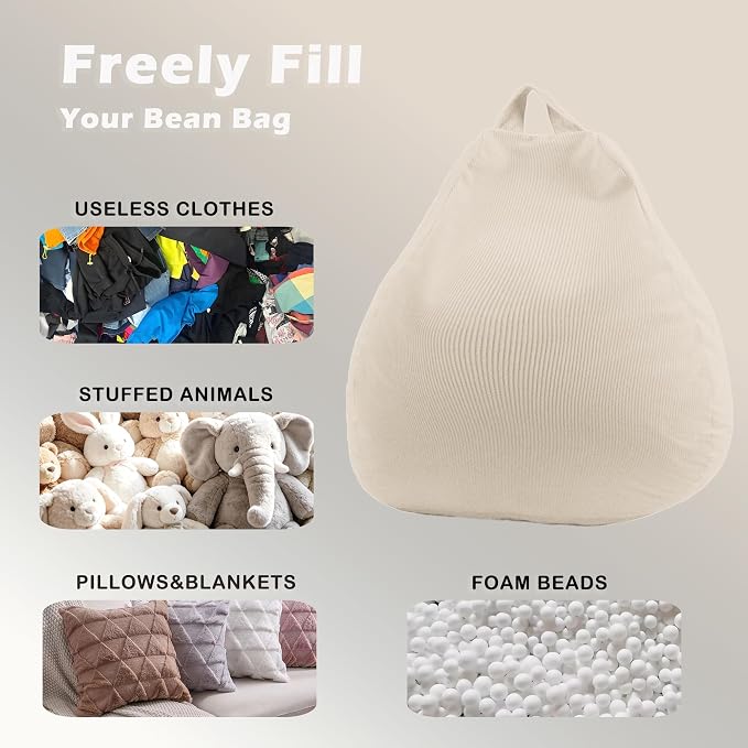 LPMOERA Stuffed Animal Storage Soft Bean Bag Cover No Filler Cream White | Skin-Friendly,Portable,Wide Easy-Load Opening,Hidden Zipper,Decorative Organizer