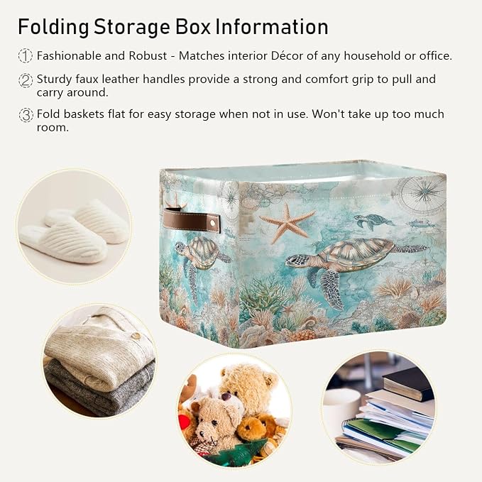 Sea Turtle Storage Basket Fabric Storage Bin Nautical theme Baskets Coastal Starfish Foldable Storage Boxes Organizer Bag for Baby Cloth Dog Toy Book Storage Cubes Shelf Closet Basket 16×12×8 Inches