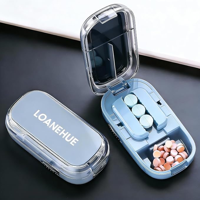 Precision Pill Cutter for Small and Tiny Pills, Sharp Blade with Storage Compartment, Travel-Friendly 1/2 Pill Splitter for Home/On-The-Go, Blue