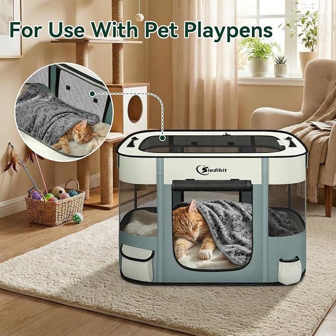 Siedihit 28" Dog Playpen,Cat Puppy Pen, Pet Portable Crate Indoor Outdoor | Durable Travel Camping Use,Foldable Dog Kennel Tent Cage for Rabbit Small Animals with Carrying Case(Grey with Blanket, Small