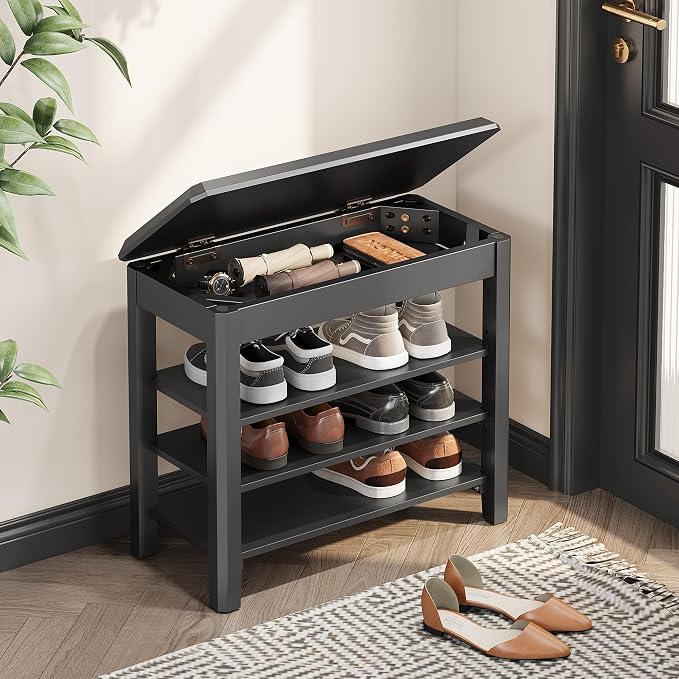 IUNVR Shoe Rack Bench Seat Rubberwood 3-Tier Wooden Storage Bench 550lbs Compact Mid-Century Modern Design for Entryway, Hallway, Closet, Front Door Entrance, Foyer