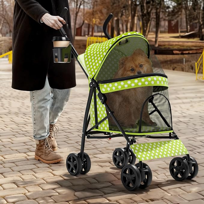 Magshion Compact Fold Pet Travel Stroller for Small Dogs Cats, Lawn Green | Up to 22lbs, 4-Wheel Lightweight Umbrella Shaped Design, Safety Tethers, Breathable Mesh, Cup Holder & Rear Storage