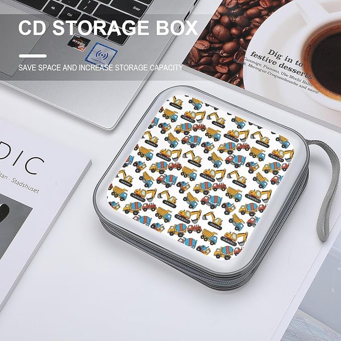 Protective CD Case 40 Capacity Excavators Cars Disc Holder Storage Binder | DVD Organizer Wallet, Excavators Cars Construction Tractor, Sturdy Portable for Movie Music Game Disc