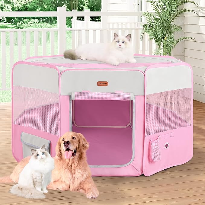 Seiyierr Dog Playpen, Portable Pet Play Pen Foldable Carrying Case, Puppy Pens Outsid for Small Cat Indoor/Outdoor, Removable Mesh Shade Cover
