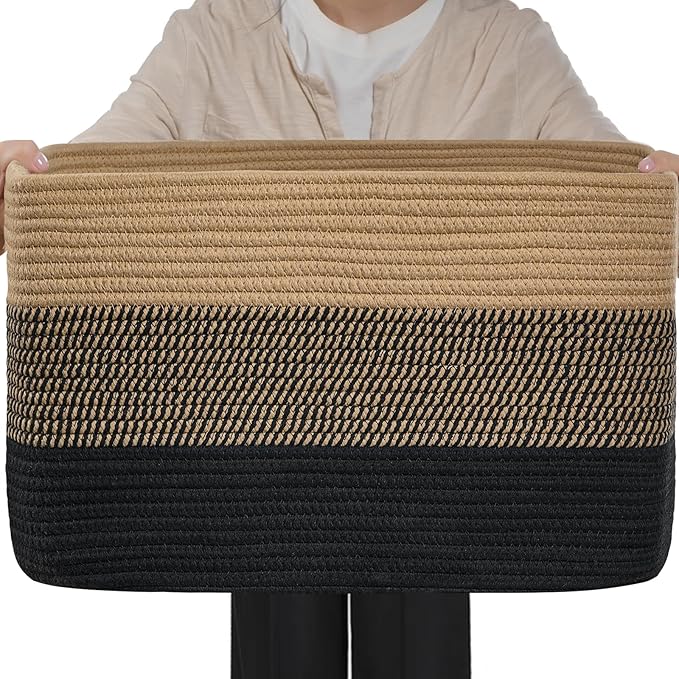 Optish 95L Large Woven Blanket Basket, Storage Basket with Handles | Sturdy Cotton Rope Basket Organizer Blanket, a lot of Toys, Comforter, Pillows, Bedroom, Living Room, Bathroom, Easy to Carry